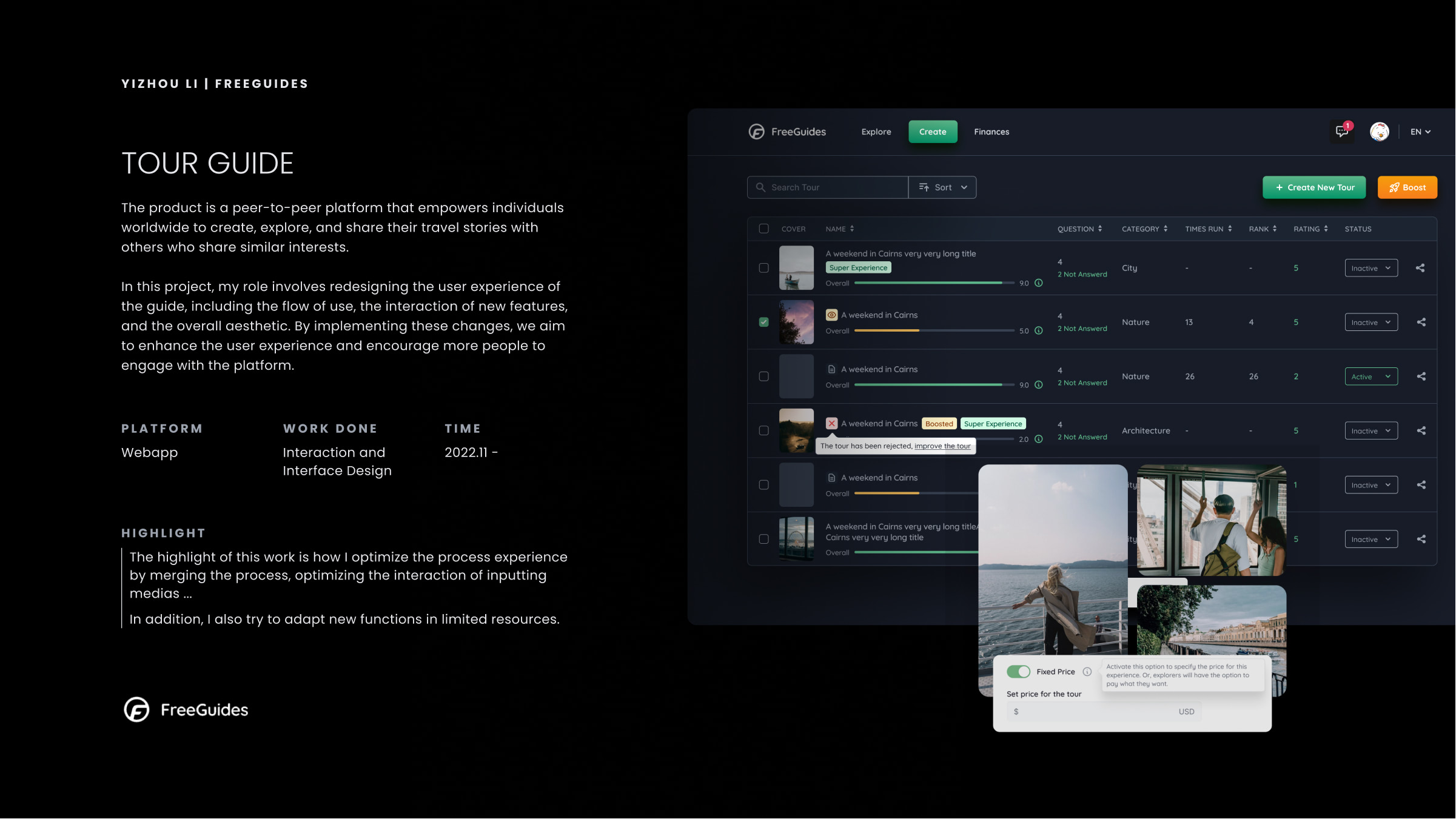 Tour Guide case study overview showing the redesigned guide dashboard and mobile media input screens